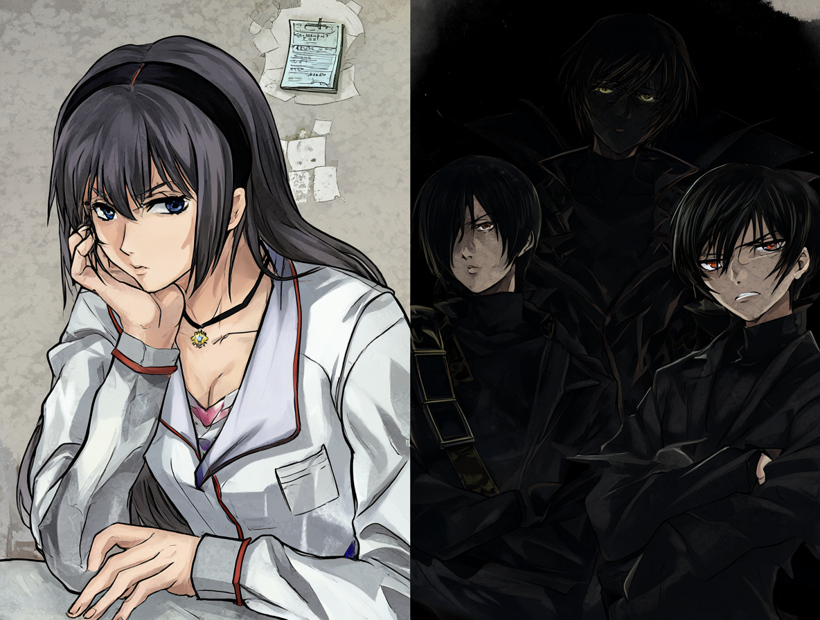 Imagen dividida comparando a Tanya con Alex DeLarge, Light Yagami y Lelouch.