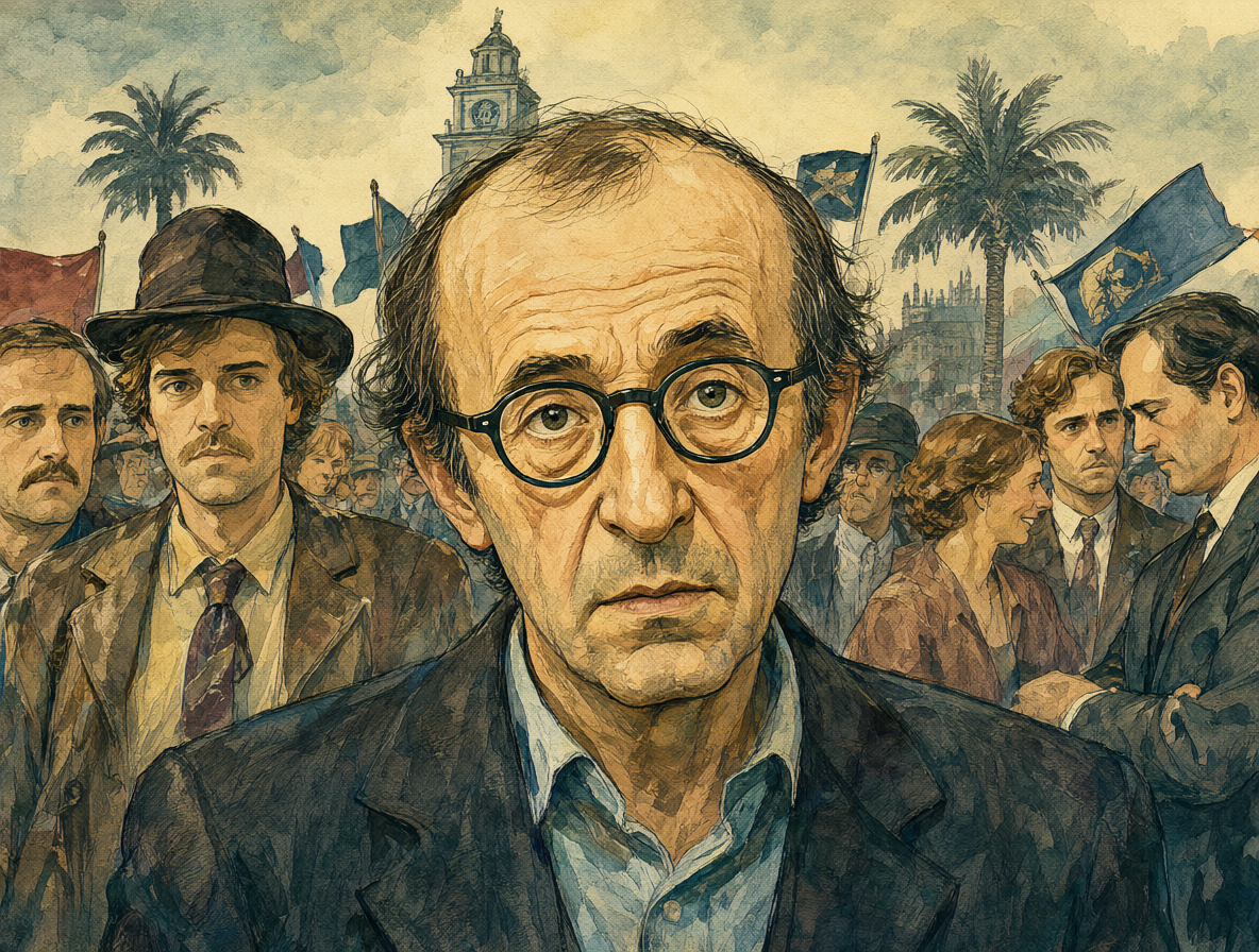 Ilustración de un hombre cambiando de apariencia entre multitudes