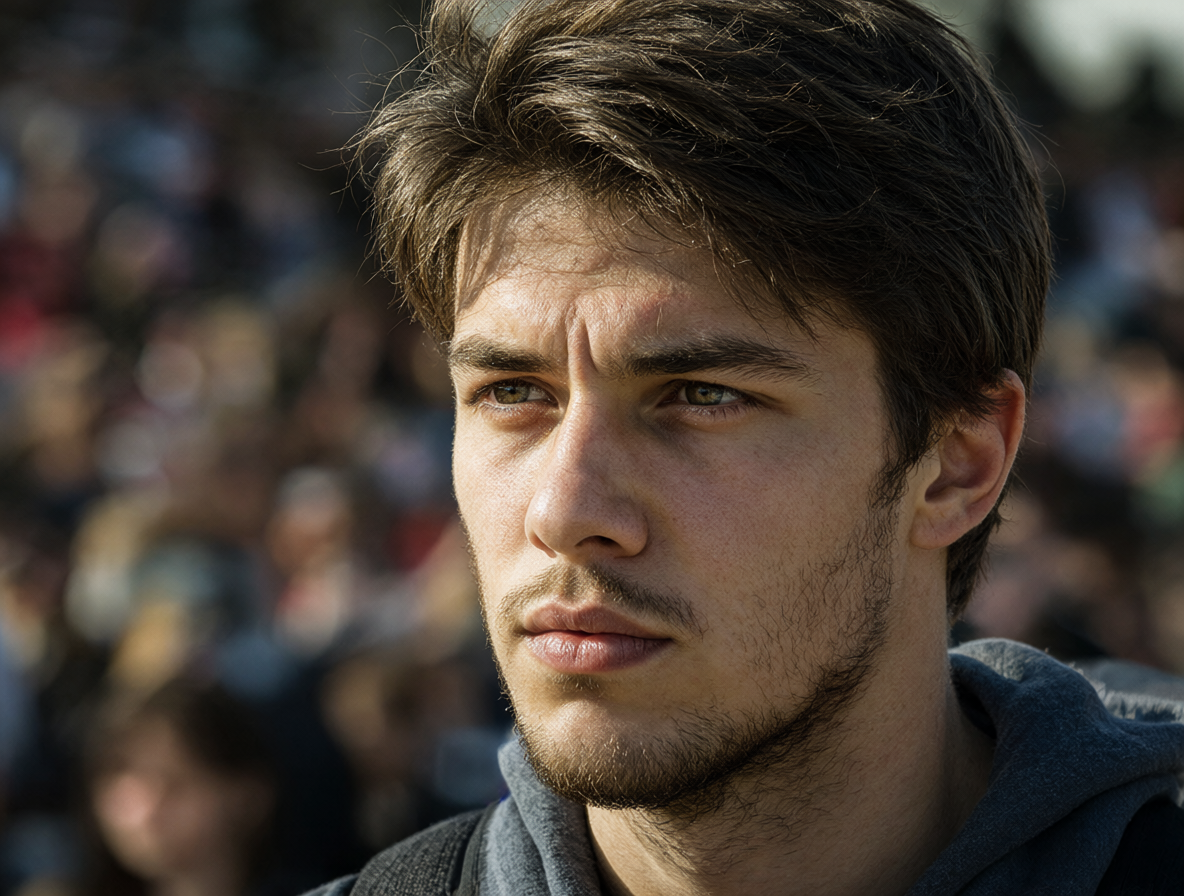 Retrato pensativo de un joven que parece estar desconectado del entorno social a su alrededor, enfocándose en sus propios pensamientos.
