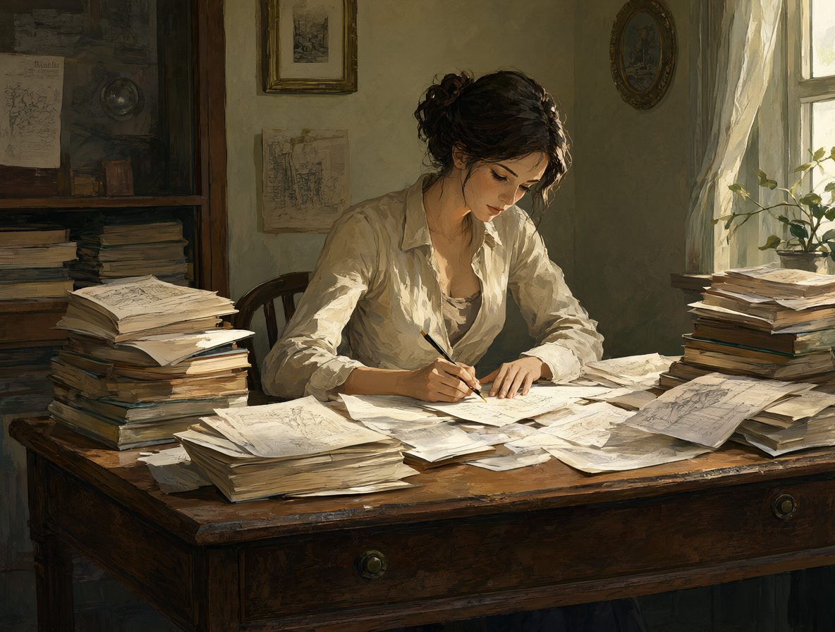 Una mujer escribiendo en una mesa antigua rodeada de libros y papeles