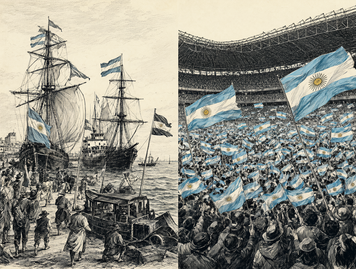 Composición dividida mostrando barcos históricos a la izquierda y un estadio de fútbol a la derecha, representando la identidad nacional argentina.