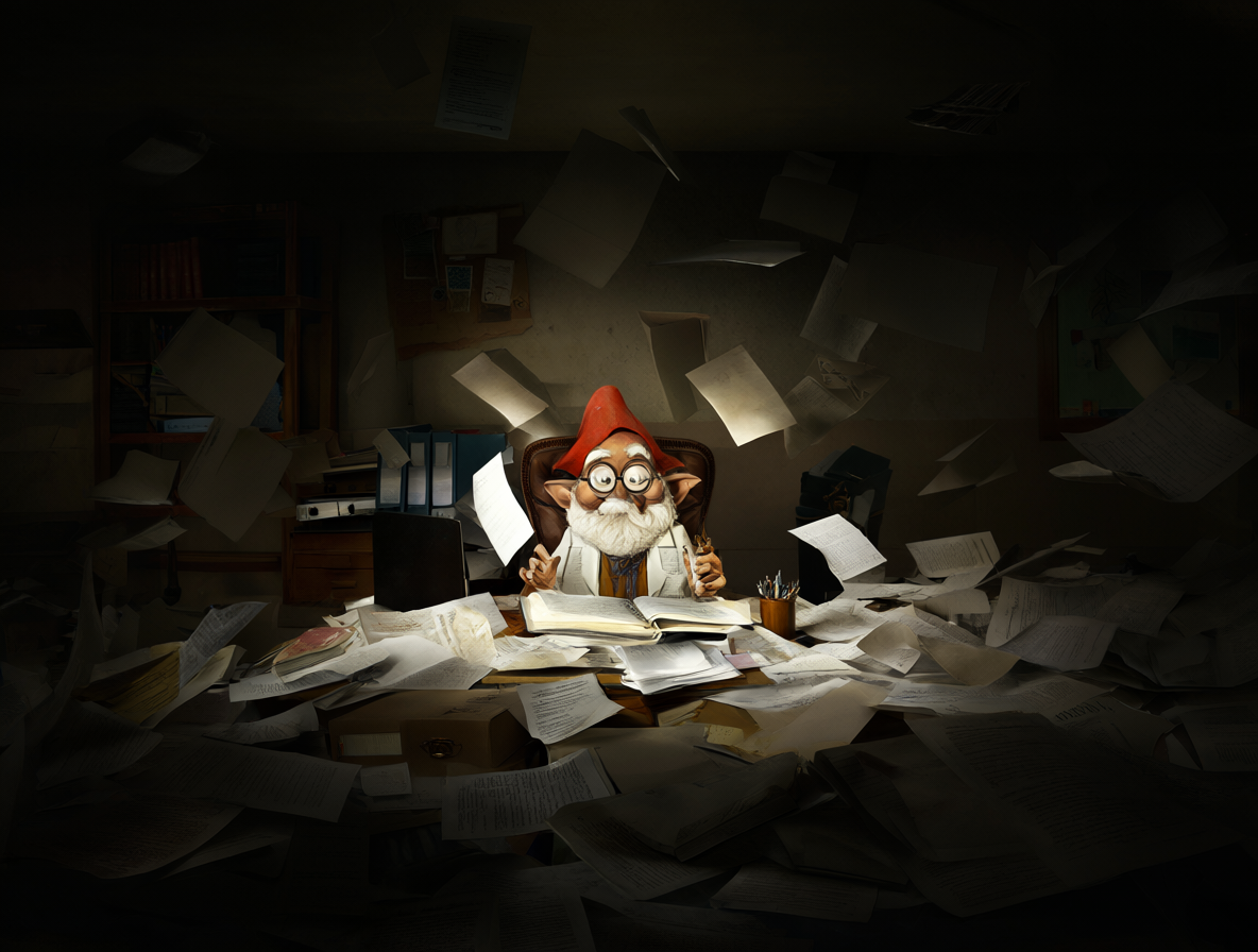 Duende pequeño con gafas organizando archivos digitales en un entorno caótico