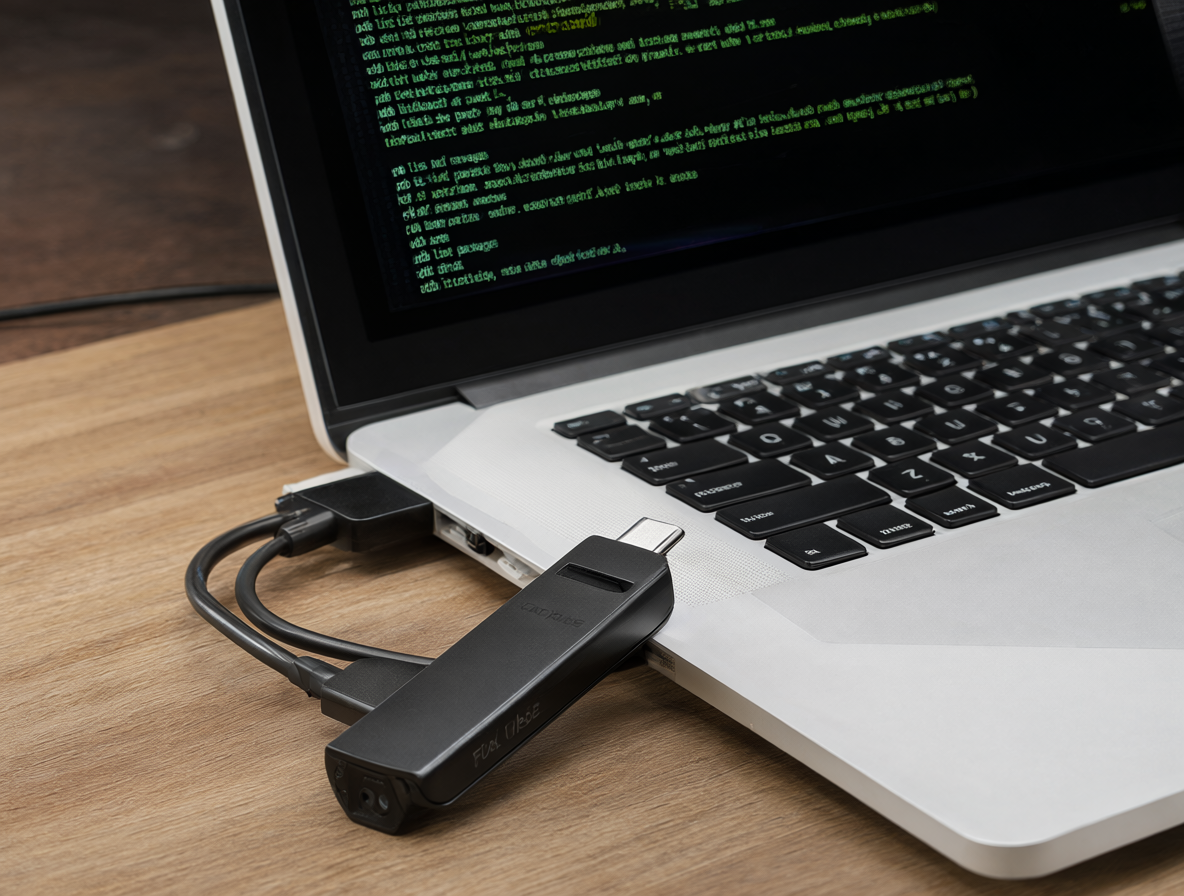 Vista detallada de un stick EvoFuse 4K conectado a una laptop blanca, con una interfaz holográfica mostrando comandos técnicos de Android.