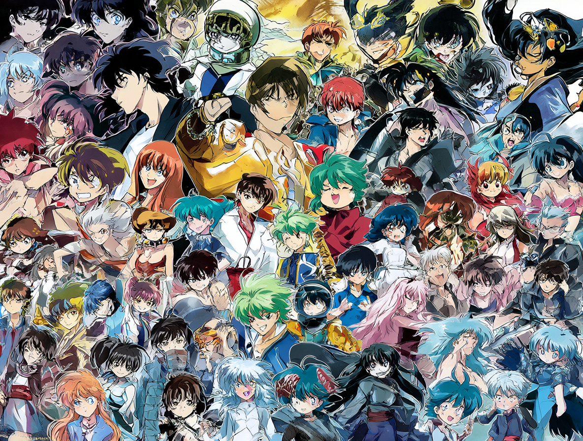 Collage vibrante de personajes icónicos de series clásicas como Kenshin, Ranma y Ghost in the Shell con sus logotipos modernos, celebrando la segunda edad dorada de los remakes.