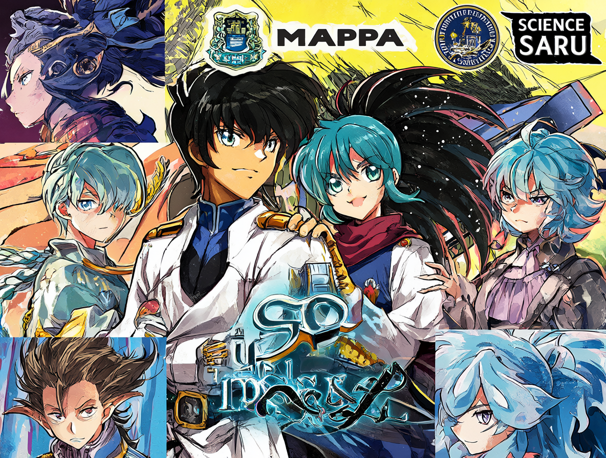 Diseño gráfico de personajes icónicos de series clásicas como Kenshin y Ranma en sus versiones modernas, celebrando el éxito de MAPPA y Science SARU.