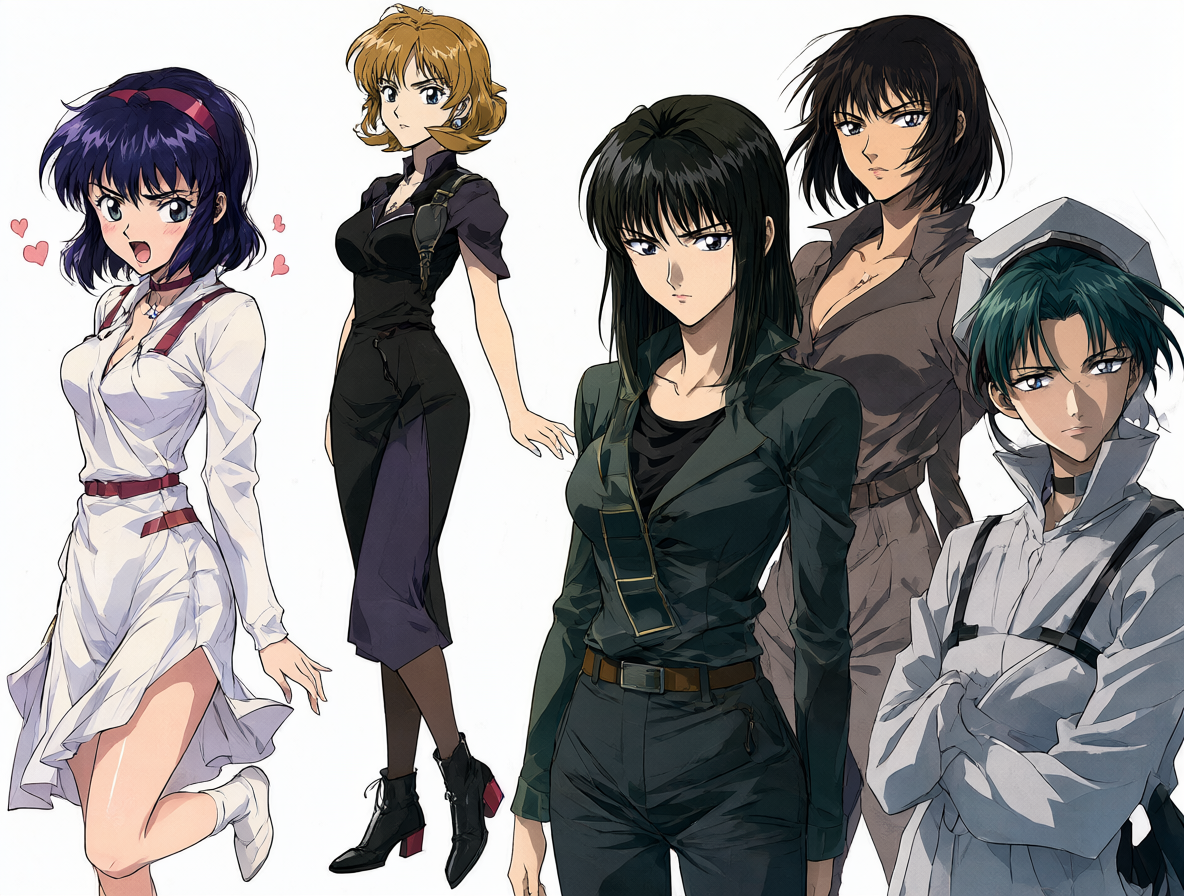 Ilustración comparando a las distintas versiones de Motoko con Faye, Julia y Ed