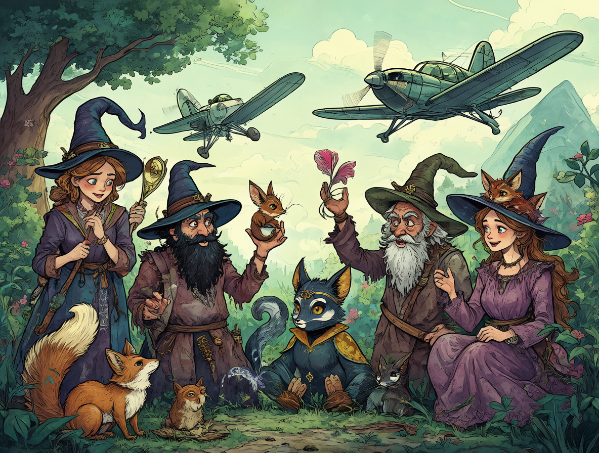 Ilustración de las brujas entrenando con sus familiares.