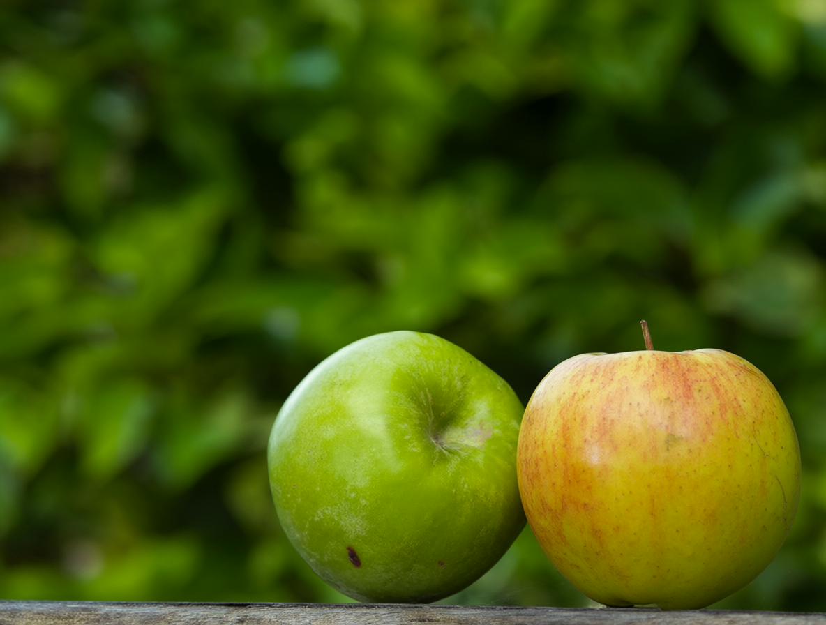 Una manzana roja brillante y una pera verde juntas sobre hojas.