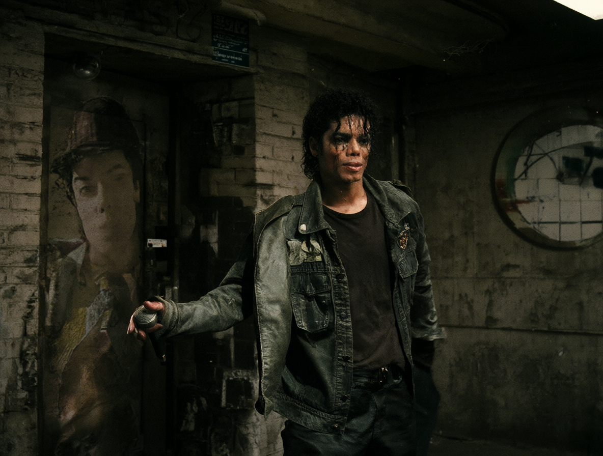 Michael Jackson in an urban subway scene alongside album art details.