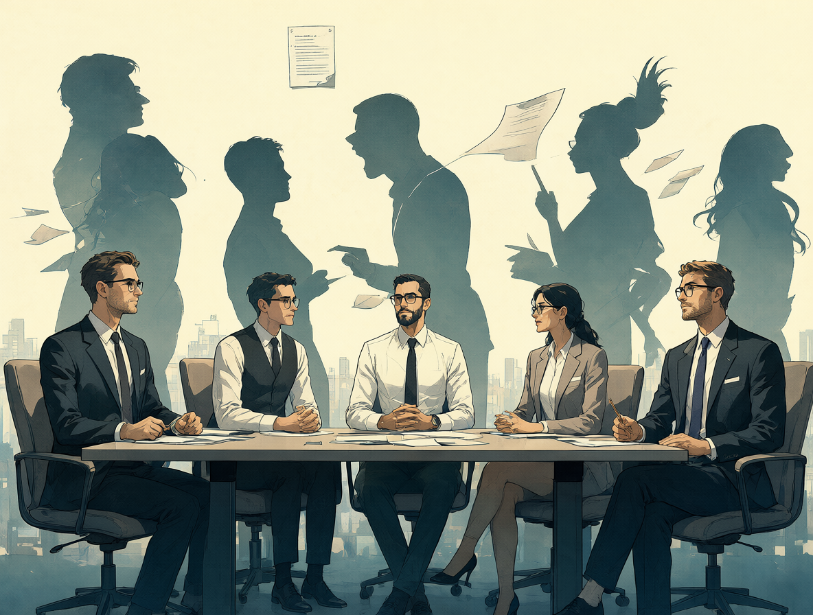 Ilustración de un grupo en una reunión mostrando las diferentes narrativas compitiendo por el crédito dentro de una organización.
