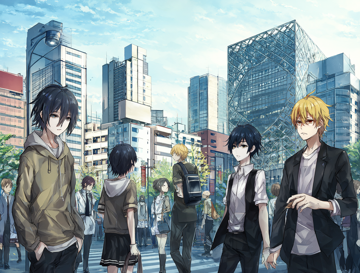 Illustration of the Ikebukuro setting from Durarara with characters interacting.