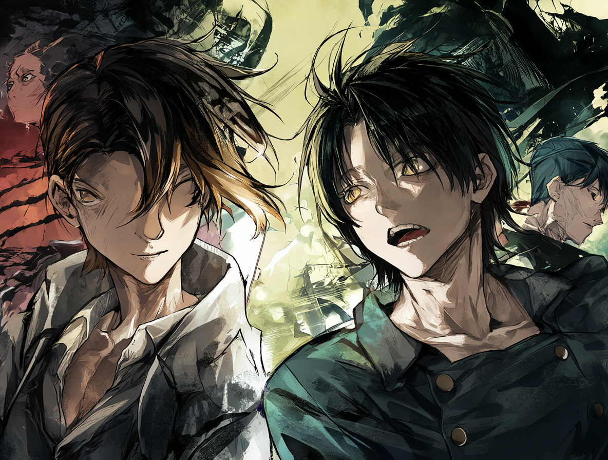 Artistic depiction of characters from different Narita series interacting or facing off.
