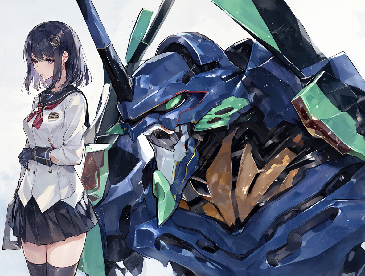 Ilustración de Mari Makinami y el gigante EVA-04