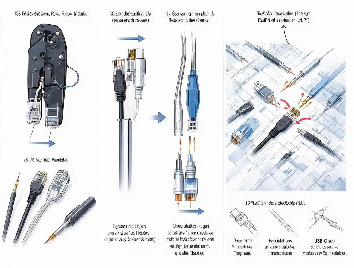 Infografía técnica comparando herramientas de crimpado y soldadura para cables Ethernet, HDMI y USB.