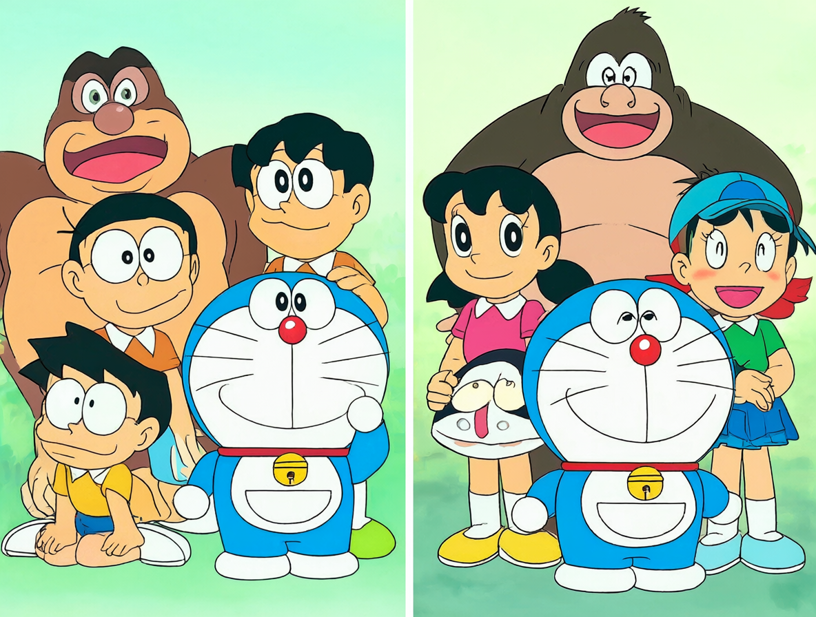 Imagen dividida mostrando a Kiteretsu Daihyakka y Doraemon con sus respectivos grupos de amigos para una comparación.