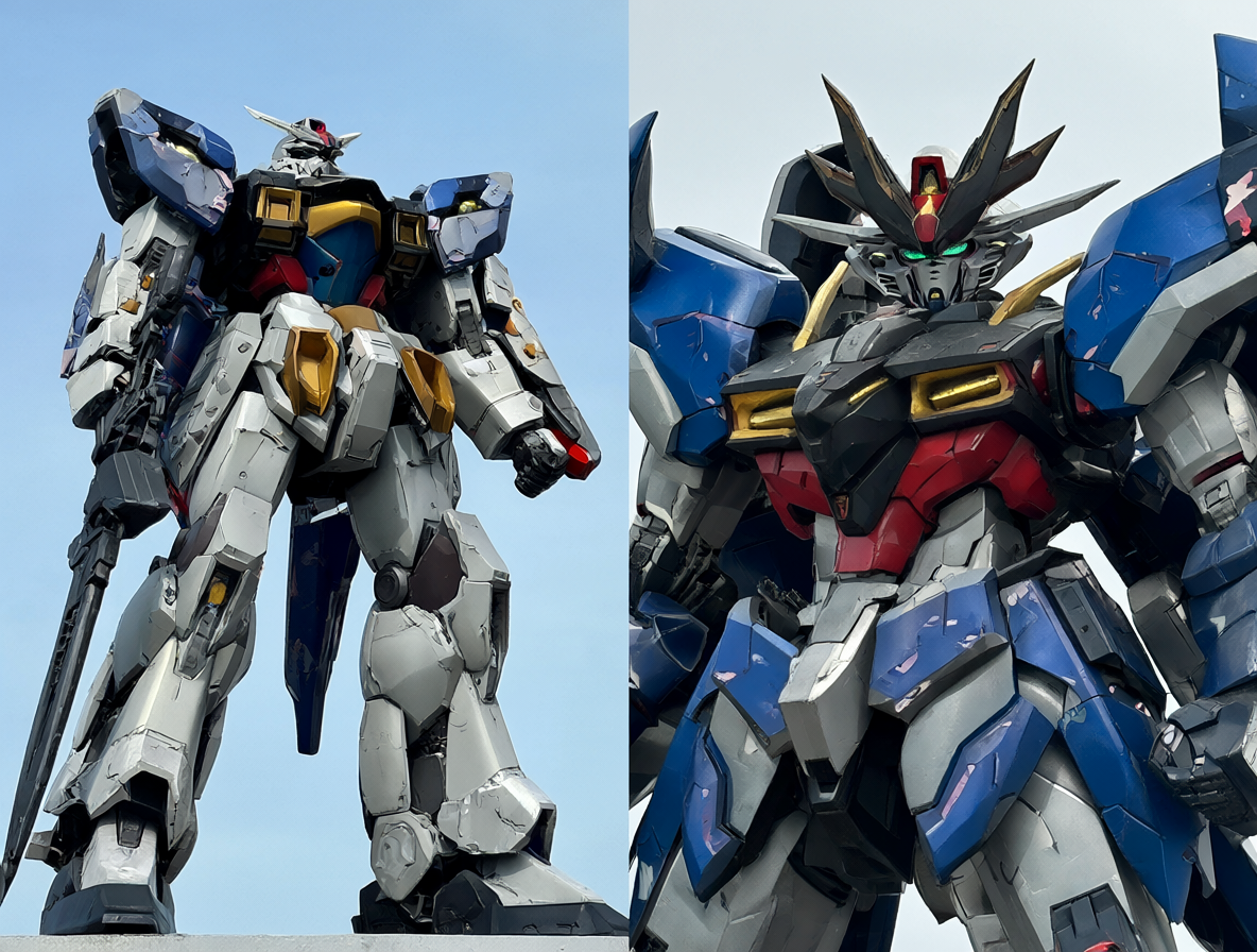 Dos mechas icónicas representando a Gunbuster y Diebuster lado a lado.