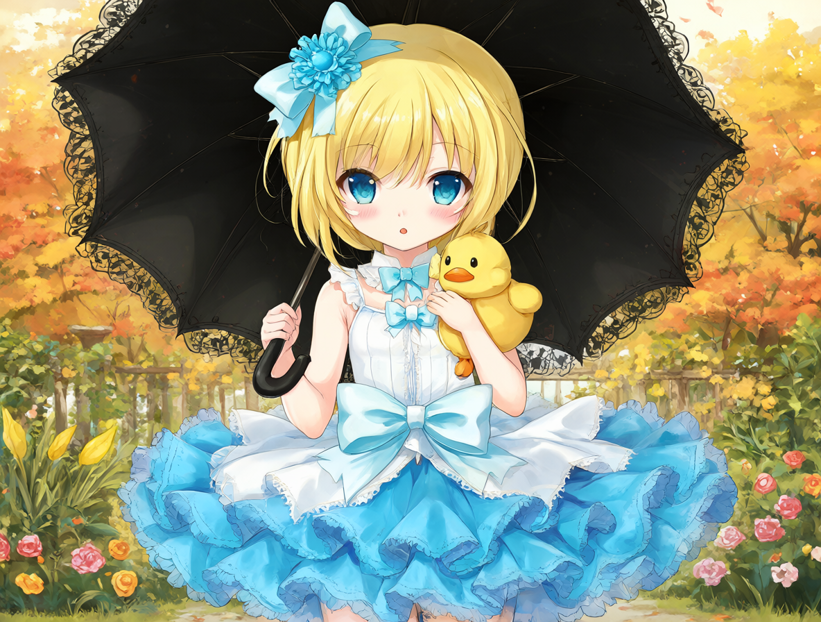 Ilustración anime de la protagonista de Princess Tutu sosteniendo un pato amarillo