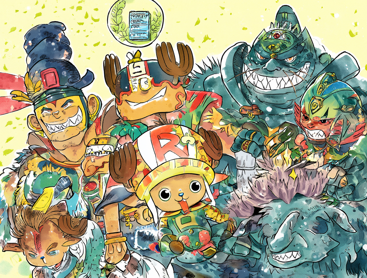 Ilustración con los personajes de los omake y un marcador para el Report Time.