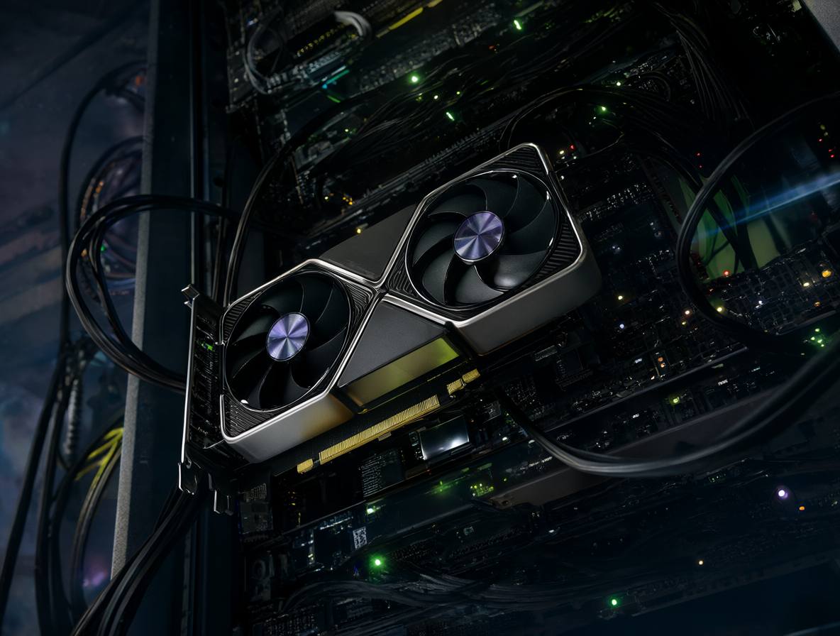 Tarjeta gráfica NVIDIA RTX 3090 en un entorno de servidor con luces activas