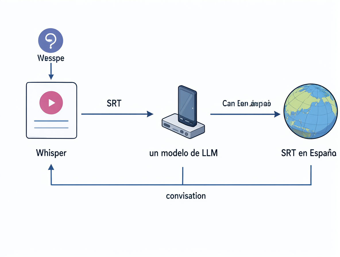 Diagrama del flujo de trabajo de traducción con Whisper y LLMs