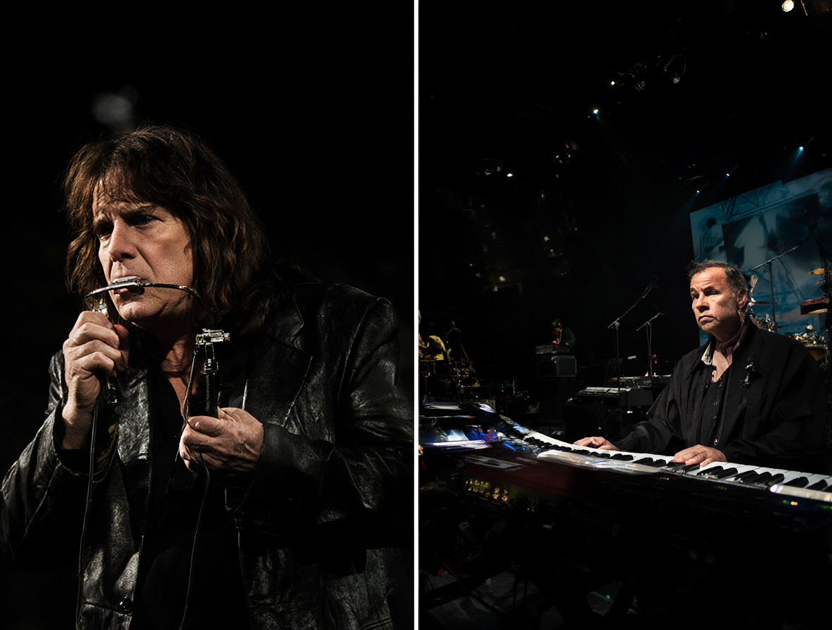 Ozzy Osbourne tocando la armónica al lado de Michael Cretu en su estudio musical.