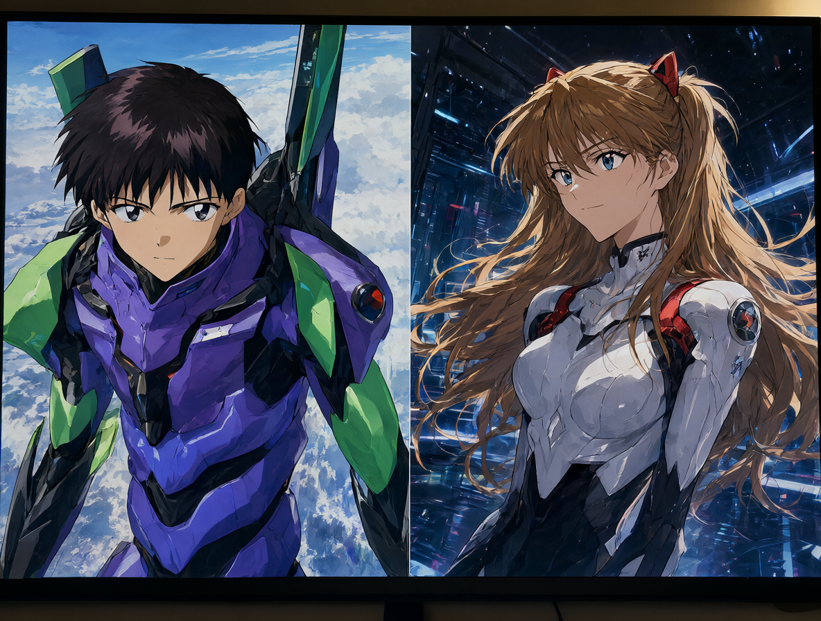 Imagen dividida que contrasta el estilo clásico de Neon Genesis Evangelion con la versión moderna de Rebuild of Evangelion.