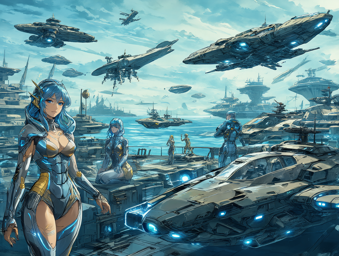 Varios barcos futuristas con avatares femeninos en una base naval de ciencia ficción, ilustrando el concepto de Aoki Hagane no Arpeggio.