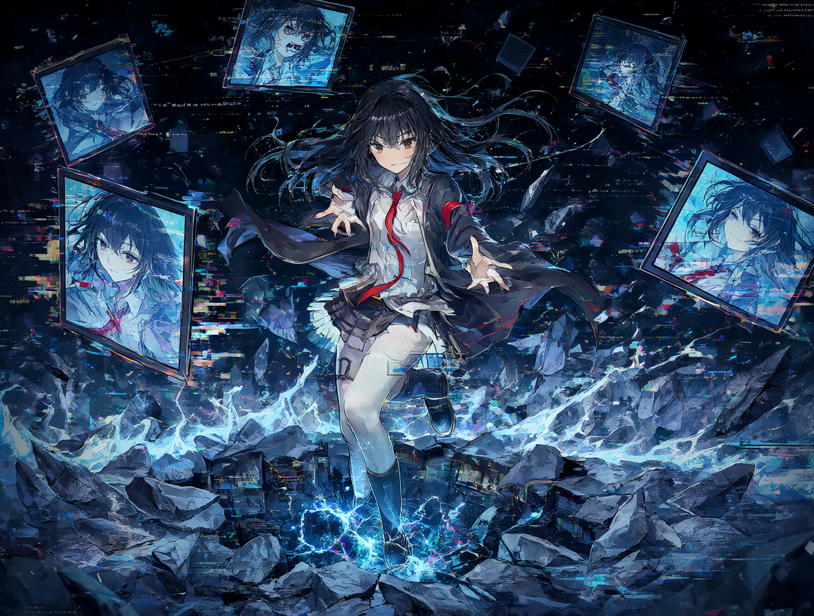 Ilustración de la protagonista Lain con avatares digitales y glitches visuales