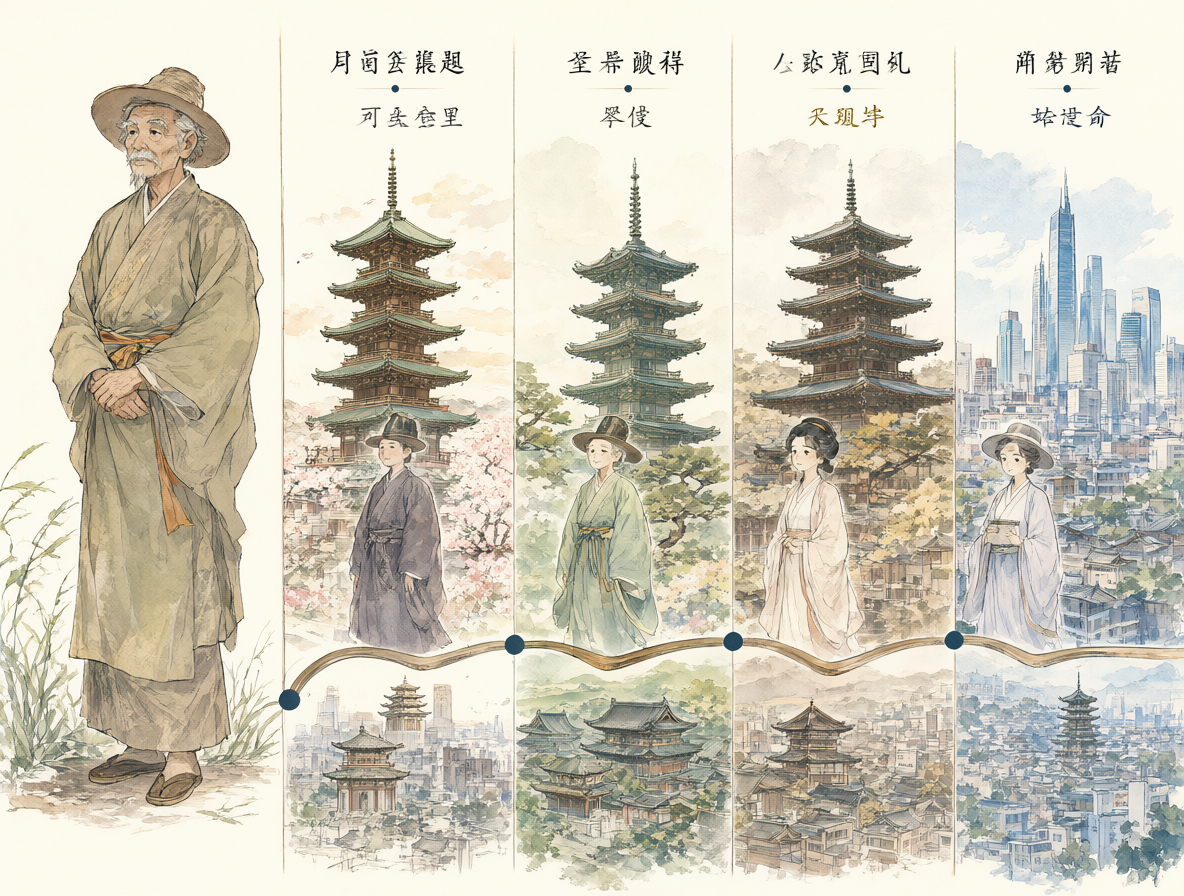 Ilustración vertical mostrando a un hombre llamado Jinya envejeciendo a través de diferentes eras históricas japonesas incluyendo Edo, Meiji, Taisho, Showa y Heisei.
