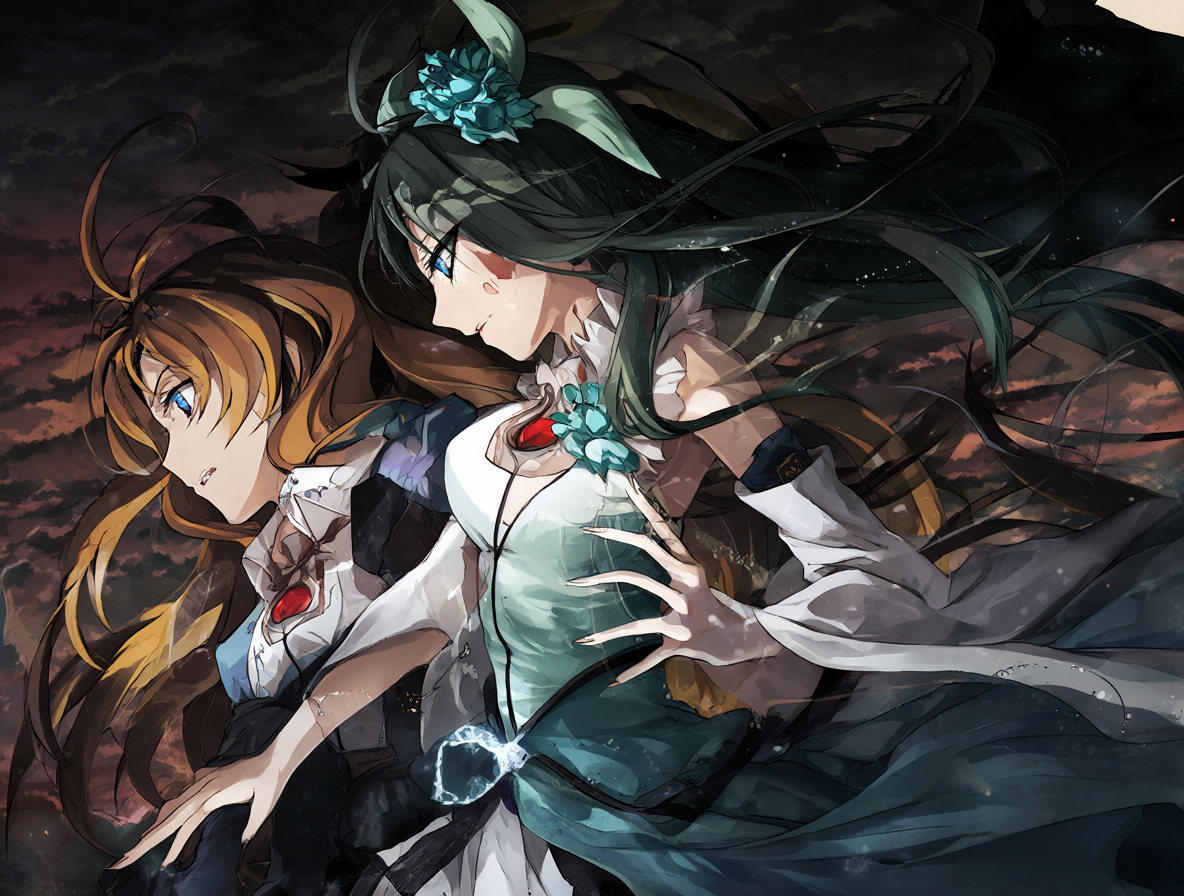 Escena intensa estilo anime de un enfrentamiento final dramático entre dos figuras, Jinya y Suzune.