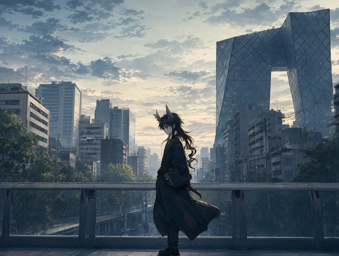 Retrato melancólico de Jinya parado solo en una ciudad moderna pacífica bajo el cielo de la era Heisei.