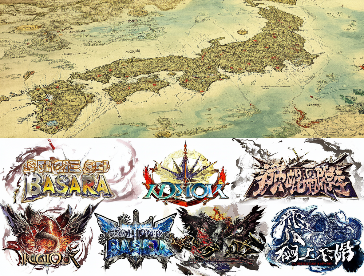 Mapa histórico del periodo Sengoku y logos de varias franquicias distintas.