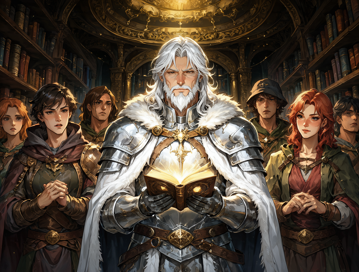Un mago blanco poderoso rodeado de aventureros en un entorno mágico brillante