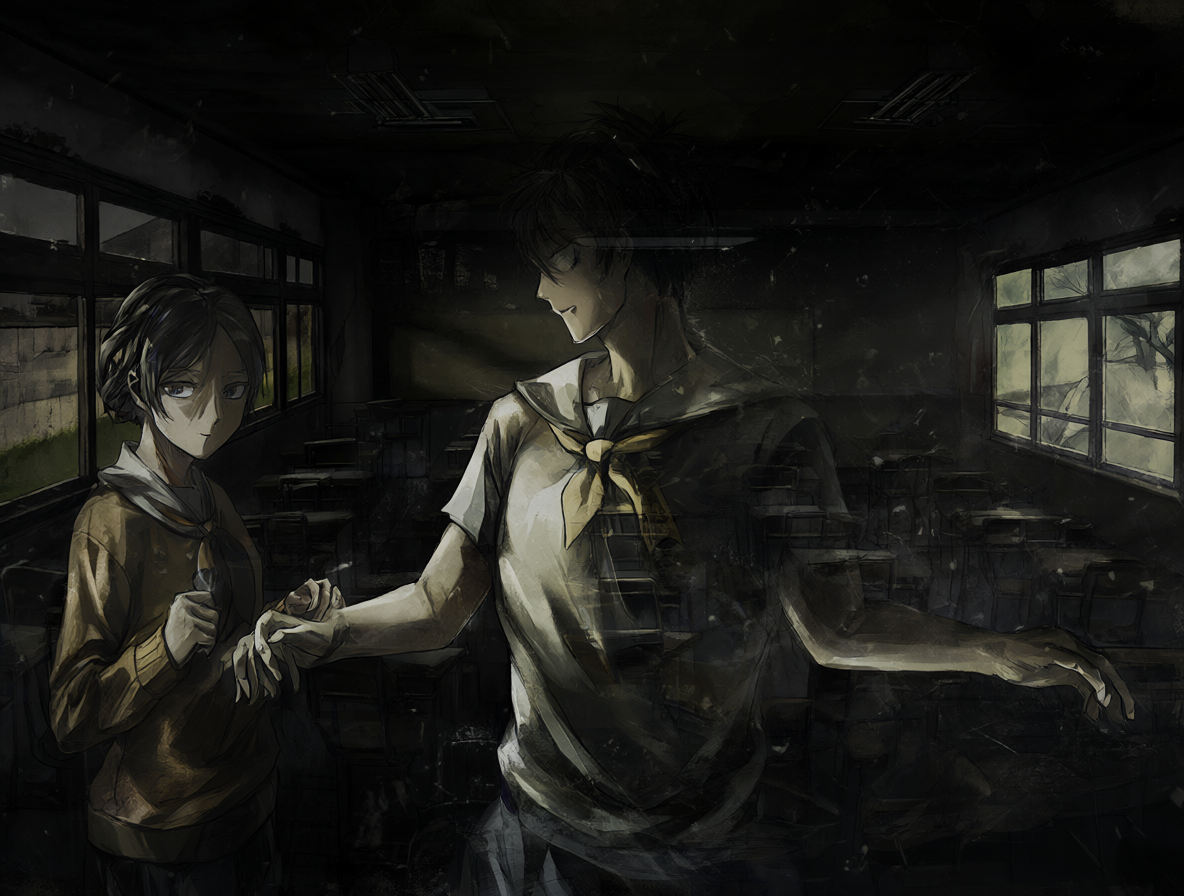 Kouichi Sakakibara y Reiko Mikami en una escena clave del final de Another, con un aula destruida al fondo