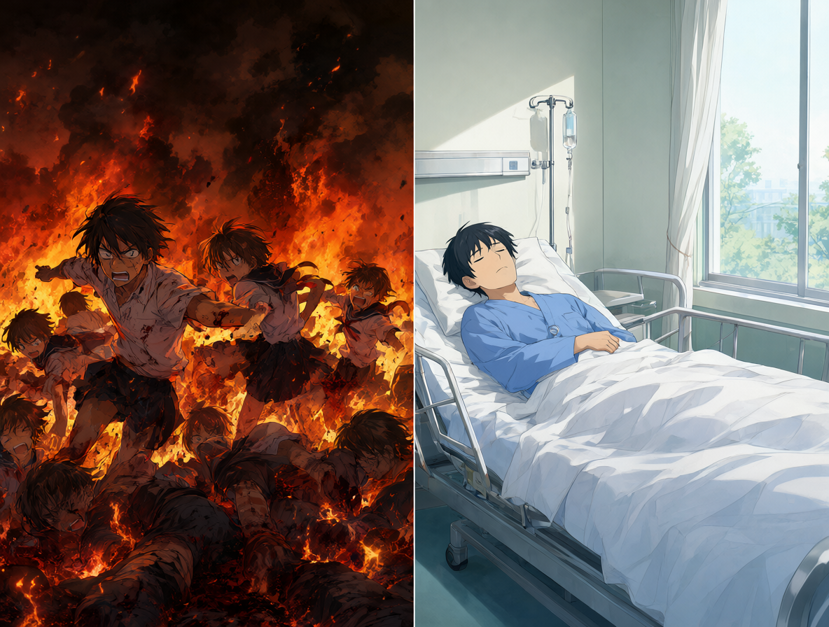 Diagrama comparativo que muestra las diferencias dramáticas entre los finales del anime y la novela de Another