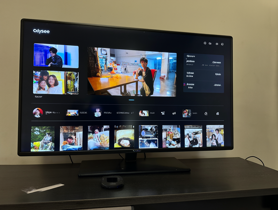 Televisor inteligente mostrando la interfaz de Odysee y un dispositivo Chromecast en una mesa de centro.