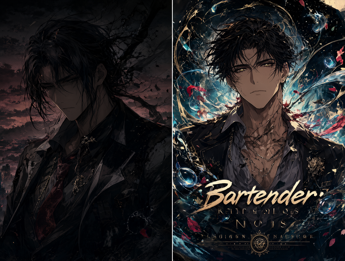 Composición dividida mostrando las dos versiones del anime Bartender.
