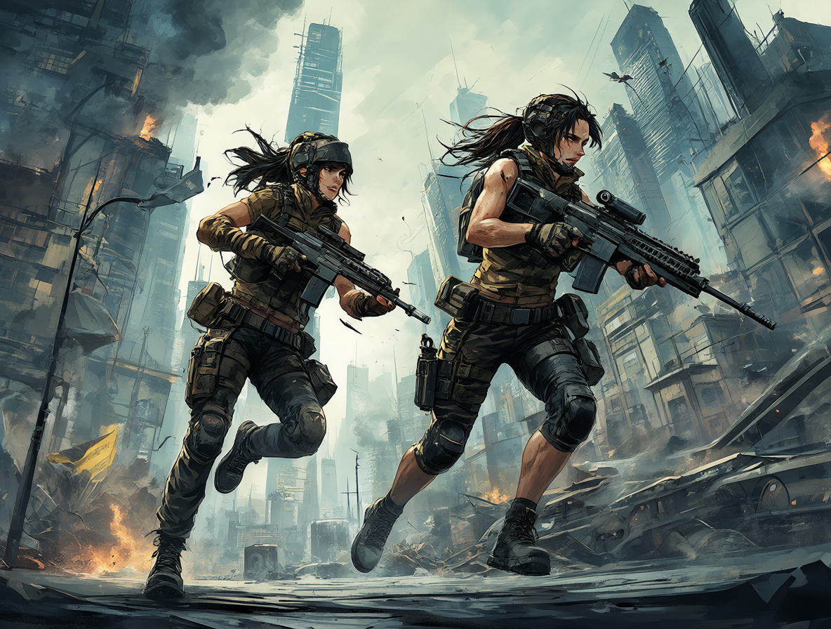 Dos mujeres corriendo por un entorno futurista con armas a la vista.