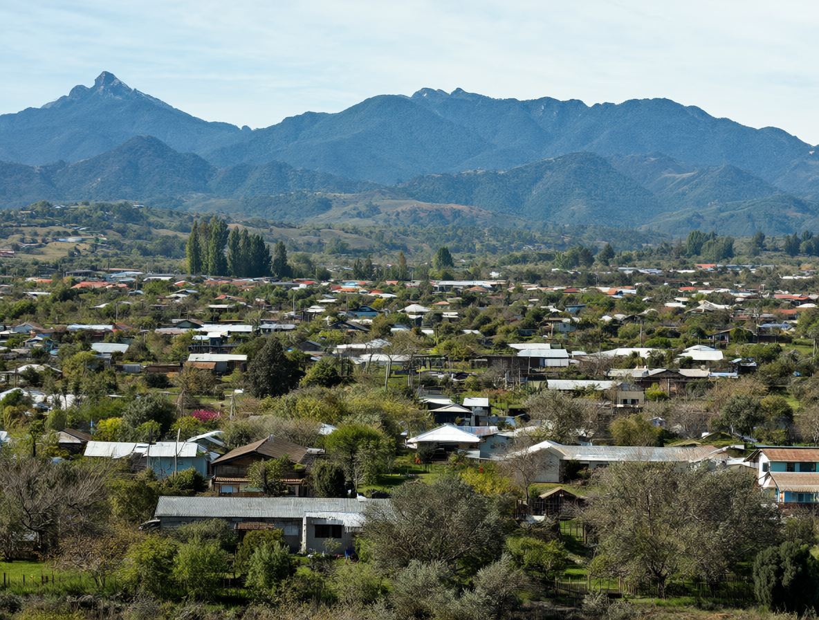 Paisaje tranquilo de la localidad chilena de Cajón en un entorno rural con casas dispersas y montañas al fondo.