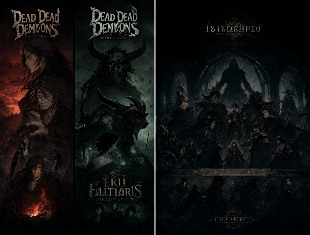 Ilustración comparativa de alta calidad mostrando a la izquierda las dos películas de Dead Dead Demons en formato cinematográfico y a la derecha los 18 episodios de la serie, con un fondo oscuro y atmosférico.