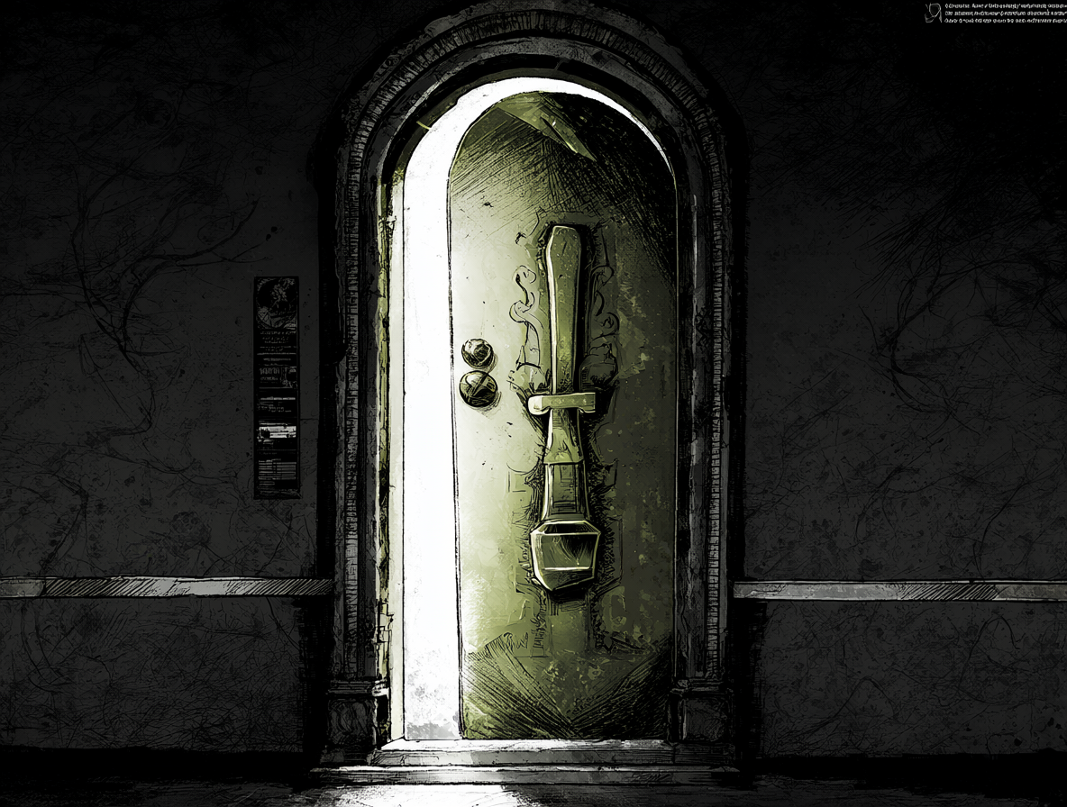 Ilustración visual del episodio 0 exclusivo de Dead Dead Demons, mostrando una puerta que se abre hacia el final del manga, representando la estructura no lineal recomendada para ver primero los episodios 1 al 16 antes de ver el episodio 0.