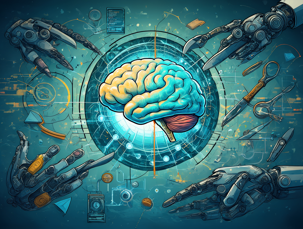 Ilustración abstracta que separa la inteligencia del modelo de las herramientas físicas y digitales que utiliza.