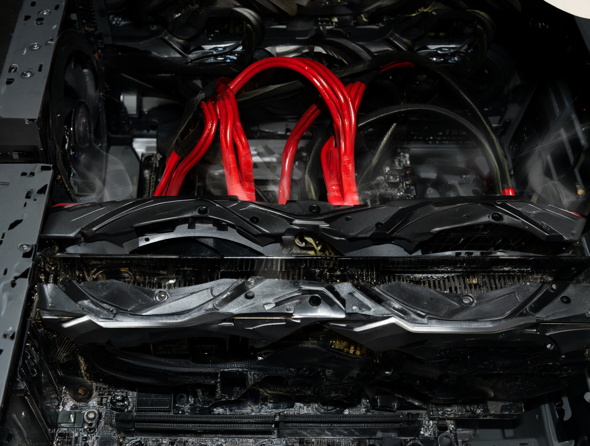 Vista detallada del interior de un gabinete con dos tarjetas gráficas RTX 3090 instaladas, mostrando los cables de alimentación y el calor generado por las unidades.