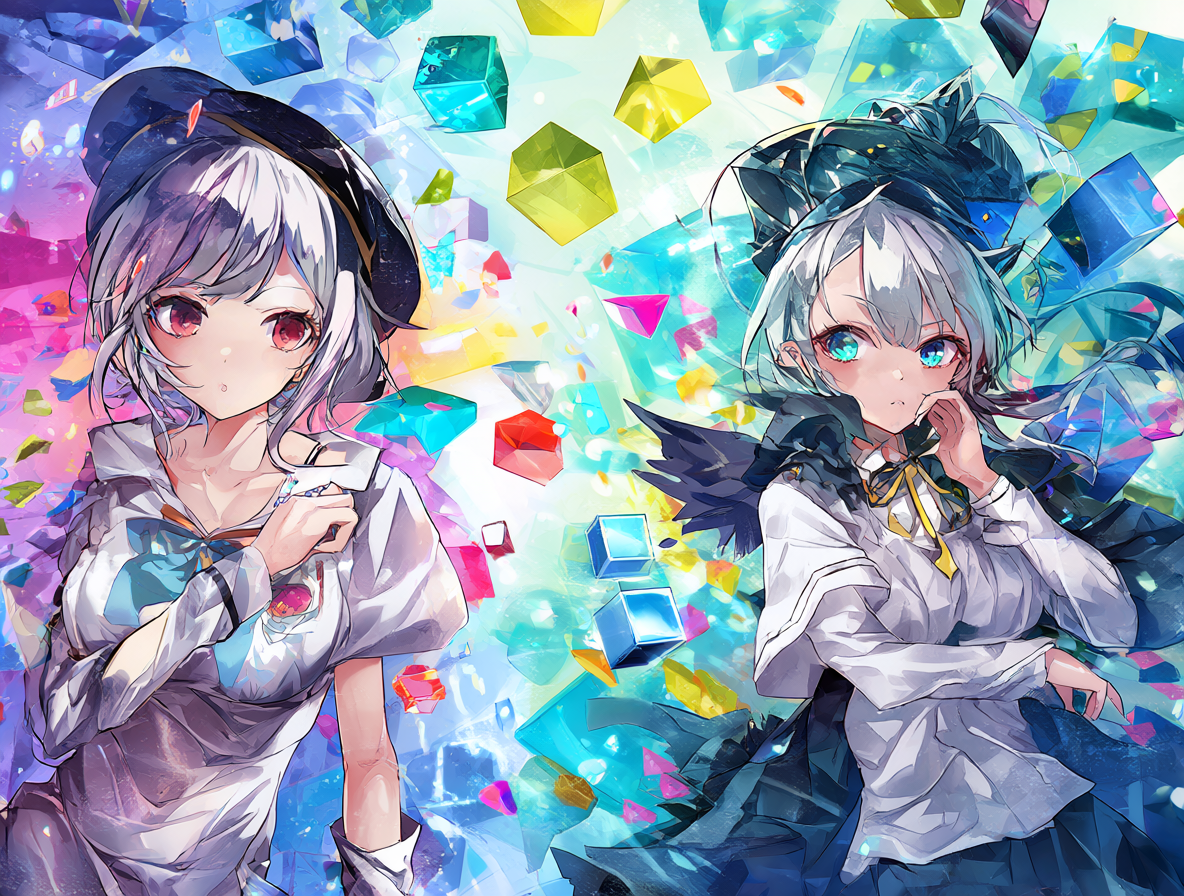 Ilustración animé mostrando a dos versiones de A-ko y B-ko enfrentándose en un entorno vibrante que representa dimensiones paralelas.
