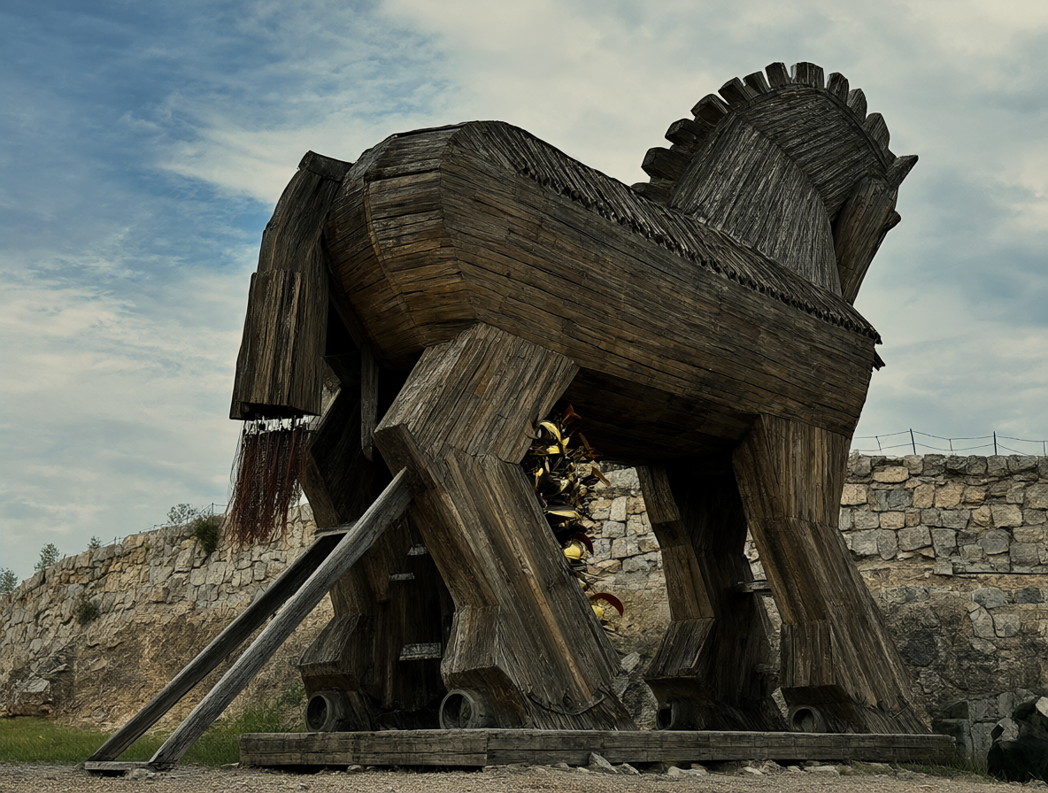 Detalle del gran caballo de madera de Troya con soldados griegos asomándose por sus aberturas.