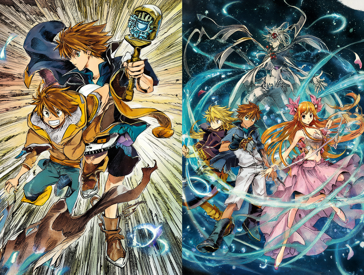 Imagen dividida mostrando el estilo anime de los ochenta junto a personajes de Kingdom Hearts en batalla.