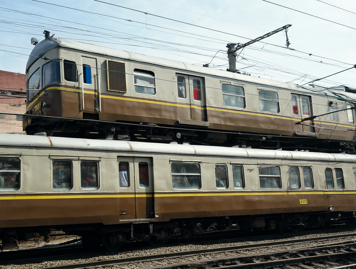 Ilustración de trenes de dos niveles operando en un entorno ferroviario estándar.