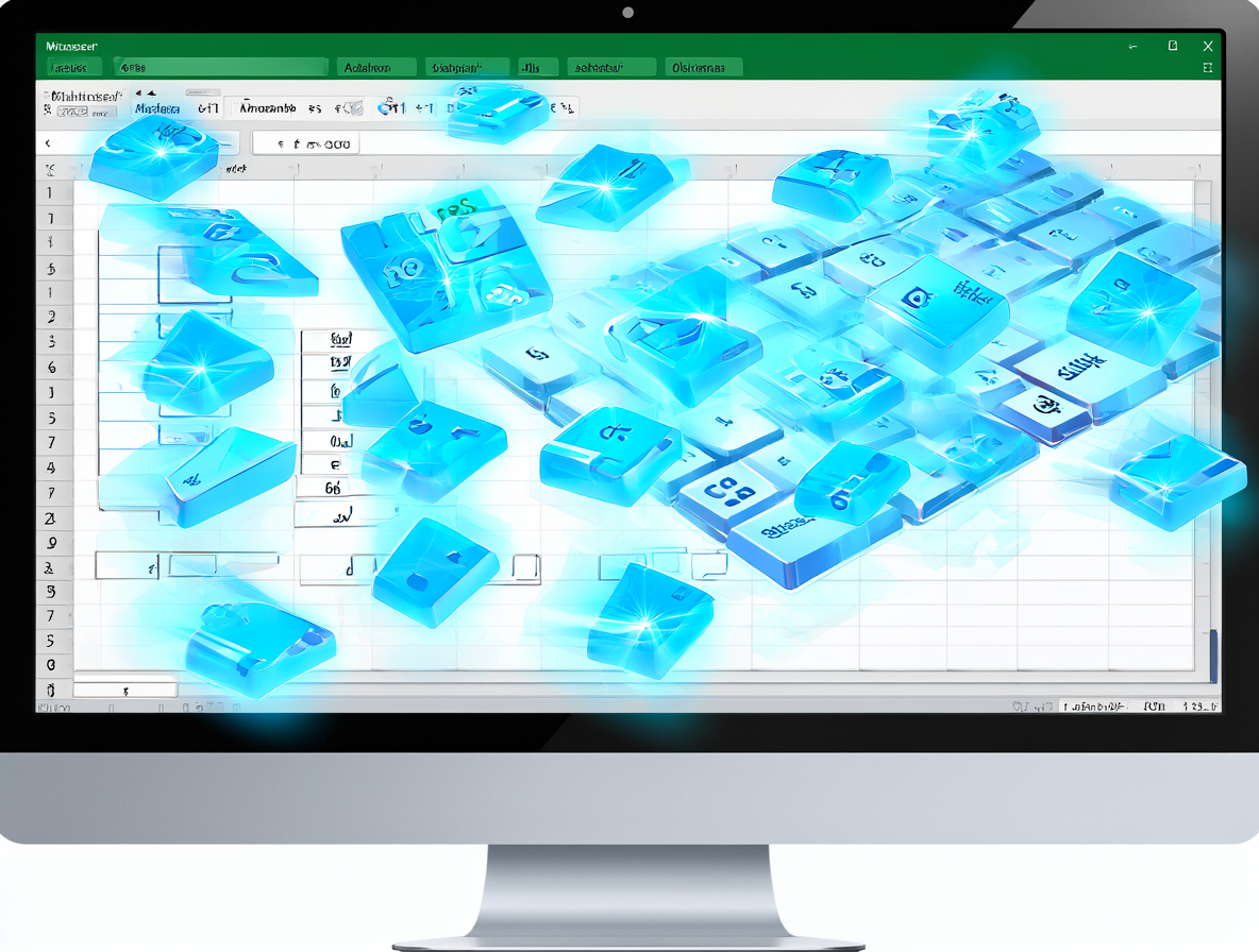 Ilustración de una hoja de cálculo de Excel con iconos brillantes de teclas flotando sobre ella