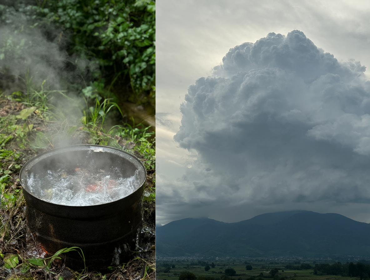 Imagen mostrando una olla con agua hirviendo al lado de un cielo con nubes gigantes.