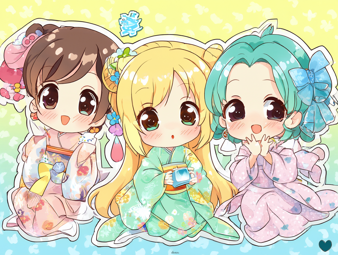 Ilustración chibi vibrante de los personajes del hentai Koiito Kinenbi, mostrando la estética simple y expresiva del segmento Himegitsune.
